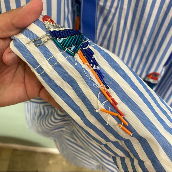 Anthropologie Maeve Tie Back A Line Maxi Dress Striped Blue Beaded Birds 24W - Picture 16 of 16